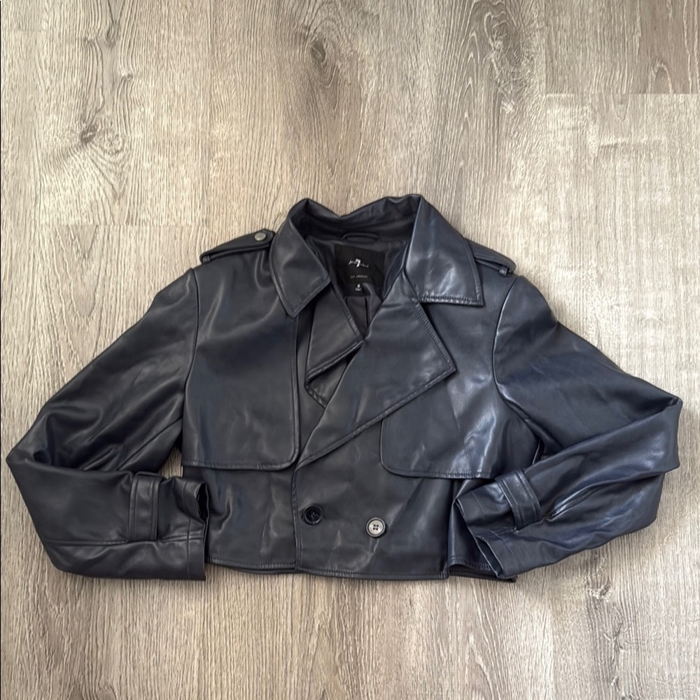 7 For All Mankind Dark Blue Faux Leather Jacket Cropped Classic